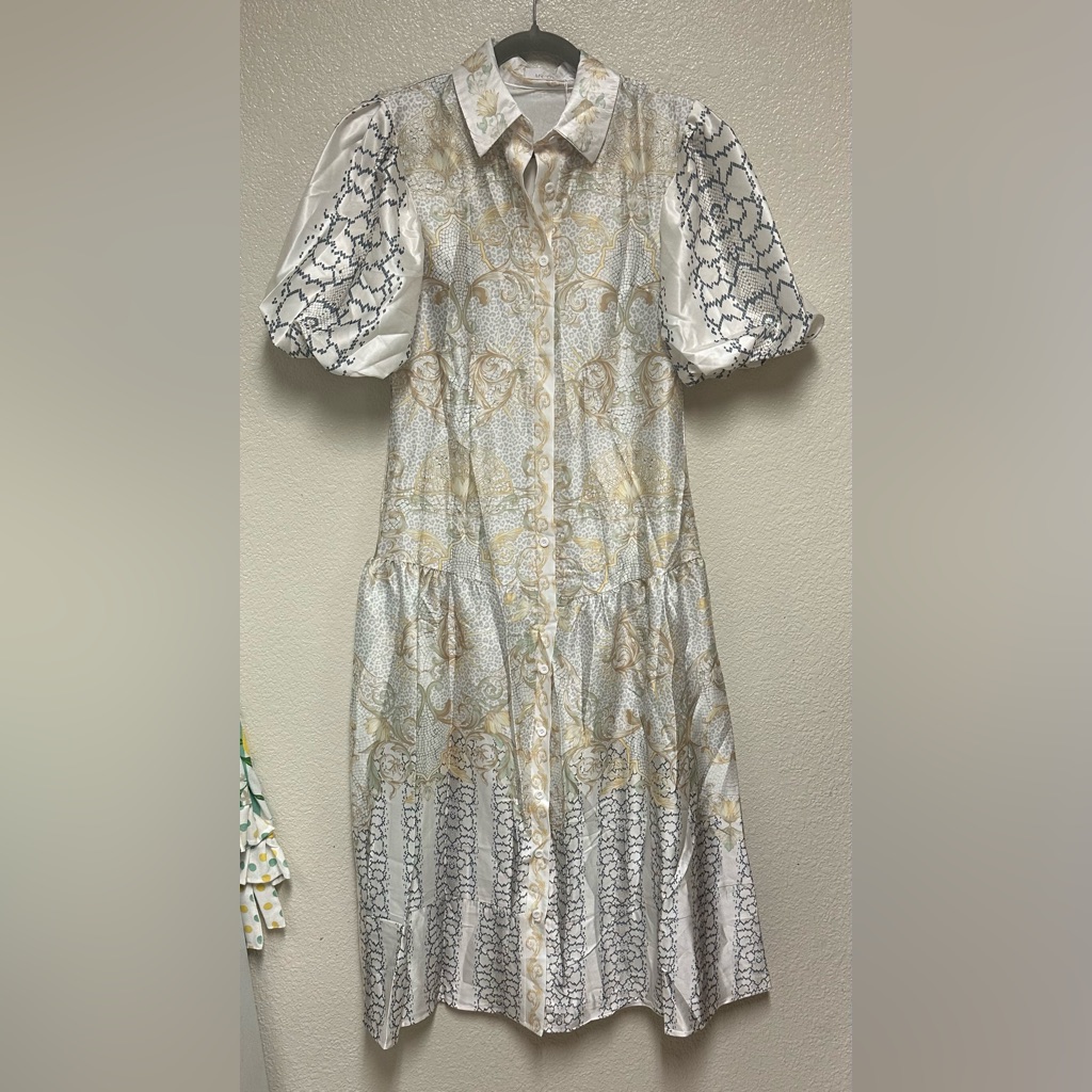 Nwt Endless Moon Drop Waist Dress With Puff Sleeves In Gold And Silver